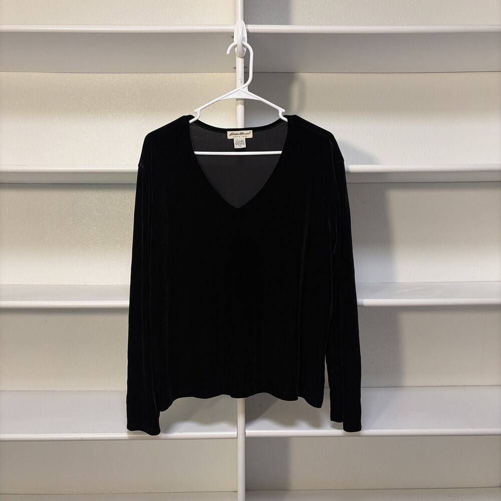 Eddie Bauer Womens Velvet Top Size XLBlack V-Neck Long Sleeve Holiday
